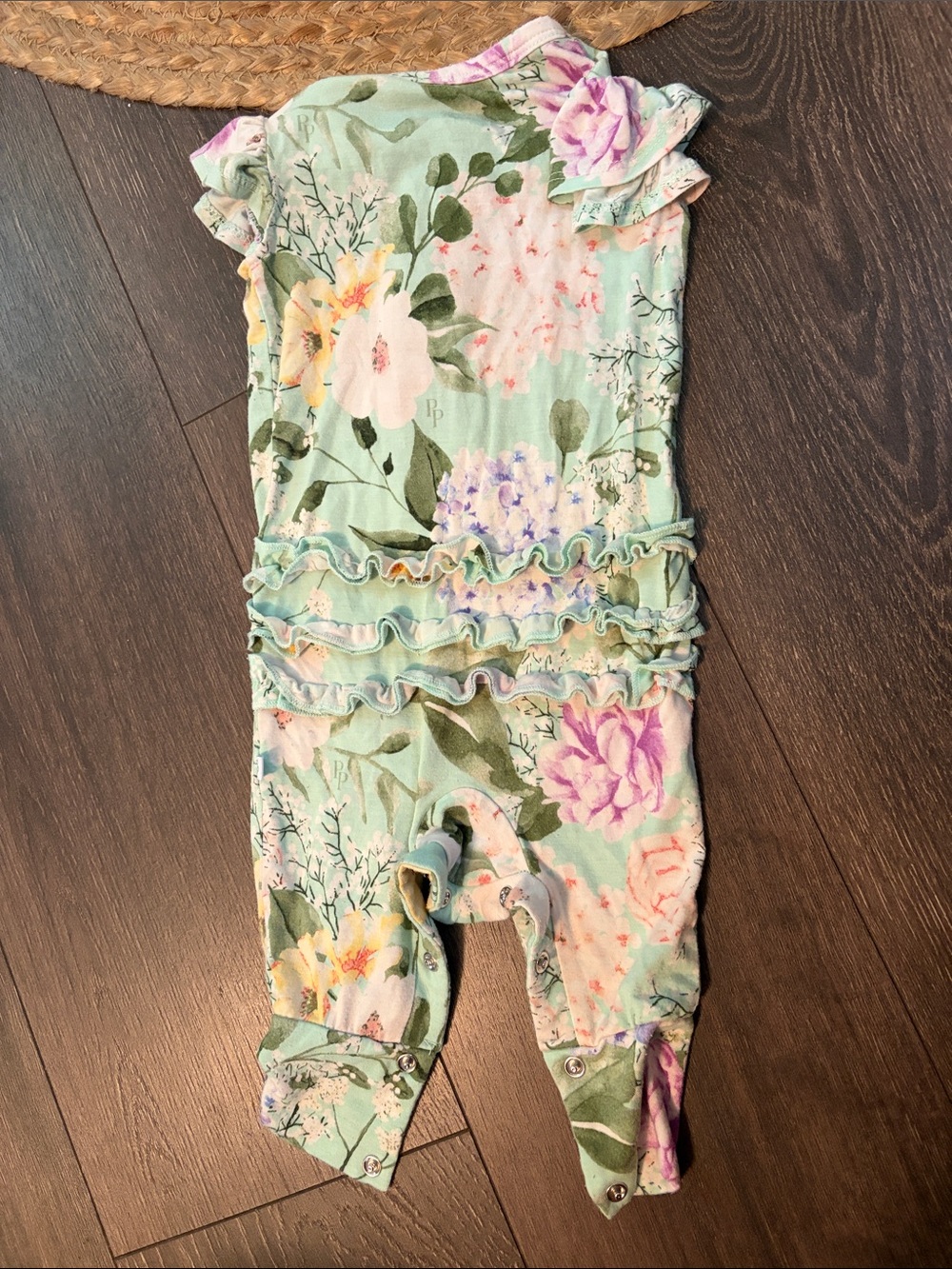 Posh Peanut Floral Ruffle Sleeve Romper - Mint, Purple, Pink 3-6 months - Picture 3 of 3